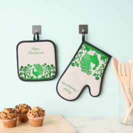 Green Erntedank Turkey Floral Ofenhandschuh & Topflappen-Set