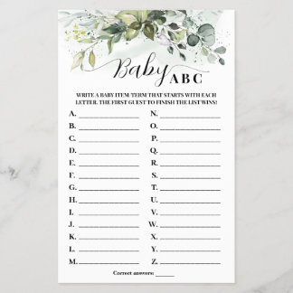 Green Eucalyptus Baby ABC Baby Shower Game Card Flyer