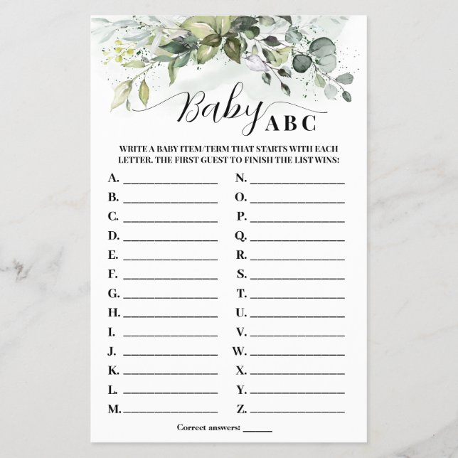 Green Eucalyptus Baby ABC Baby Shower Game Card Flyer (Vorne)