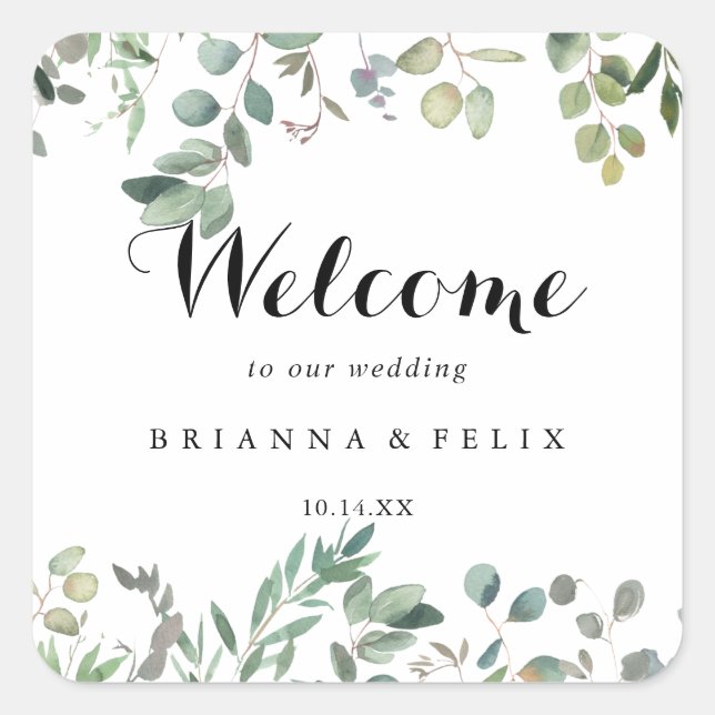 Green Eucalyptus Foliage Delight Wedding Willkomme Quadratischer Aufkleber (Vorderseite)