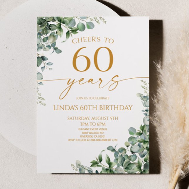 Green Eucalyptus Gold 60th Birthday Party Einladung (Von Creator hochgeladen)