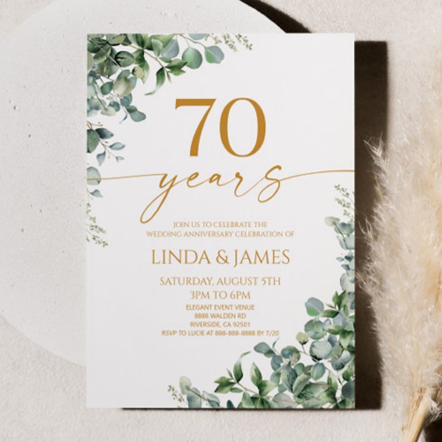 Green Eucalyptus Gold 70th Wedding Anniversary Einladung (Von Creator hochgeladen)