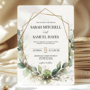 Green Eucalyptus Gold Geometric Wedding Einladung