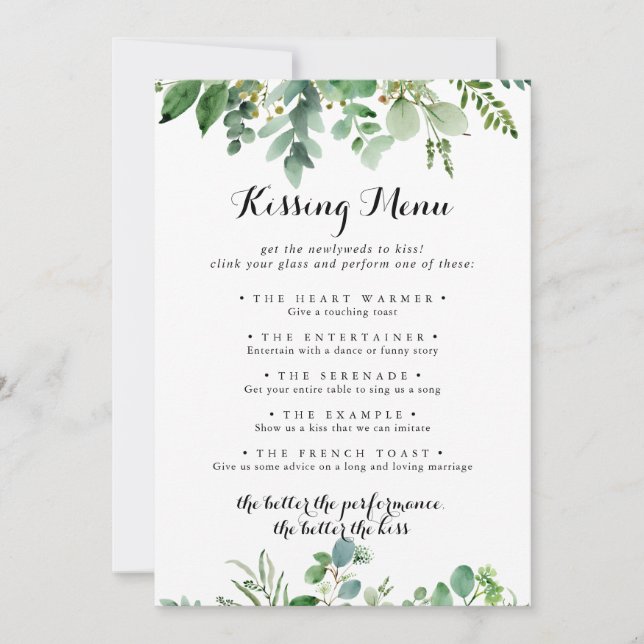 Green Eucalyptus Mariage Kissing Menu Carte de jeu (Devant)