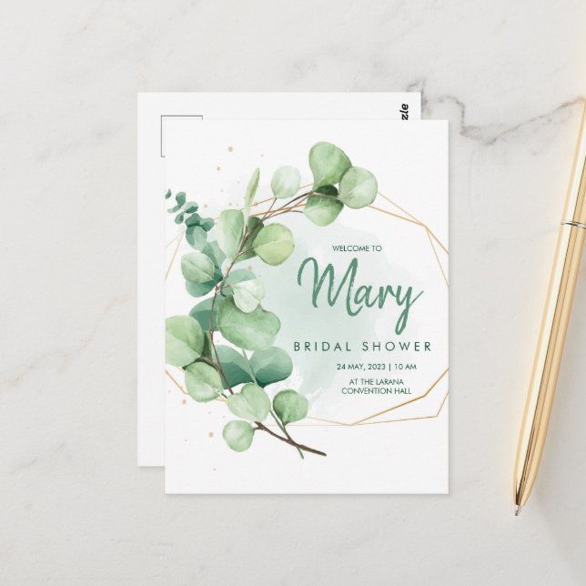Green Eucalyptus Modernes Elegantes Brautparty Postkarte (Vorderseite/Rückseite Beispiel)