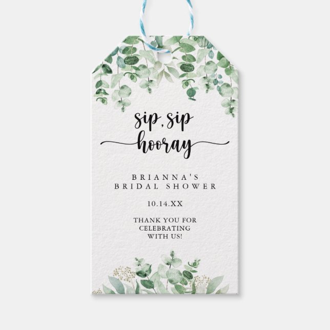 Green Eukalyptus Sip Sip Hooray Brautparty Geschenkanhänger (Vorderseite)