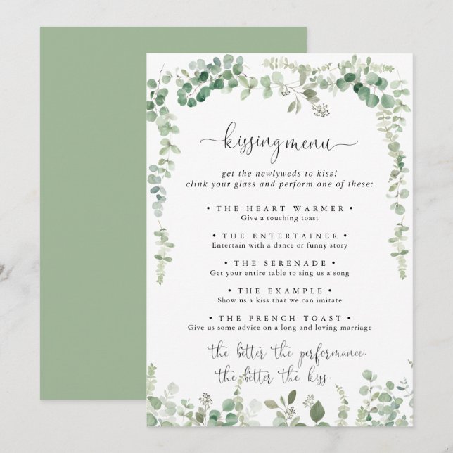 Green Eukalyptus Wedding Kissing Menu Game Card (Vorne/Hinten)
