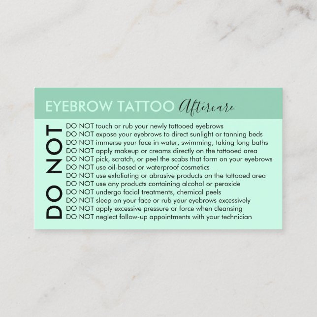 Green Eyebrow Tattoo vermeidet Ratschläge nach der Visitenkarte (Rückseite)