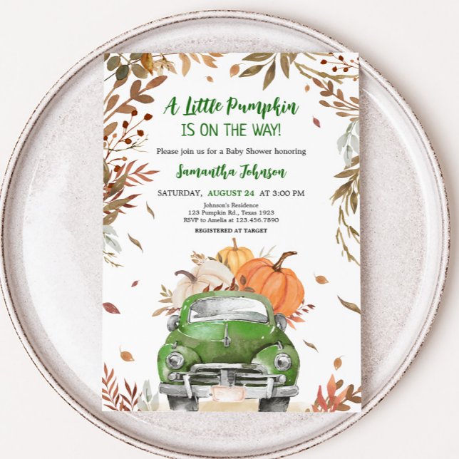 Green Fall Pumpkin Truck Baby Dusche Einladung (Truck Pumpkin Baby Shower Invitation
)