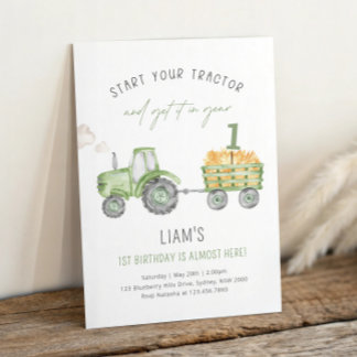 Green Farm Tractor 1st Birthday Party Einladung