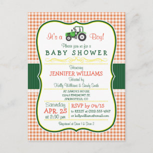 Green Farm Tractor Boy Baby shower Invitation