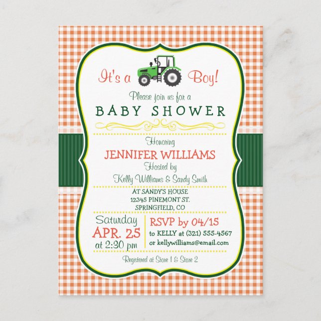 Green Farm Tractor Boy Baby shower Invitation (Devant)