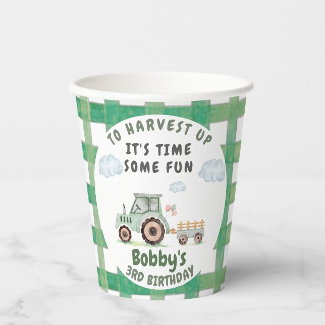 Green Farm Tractor Boys Any Age Birthday Pappbecher (Vorderseite)