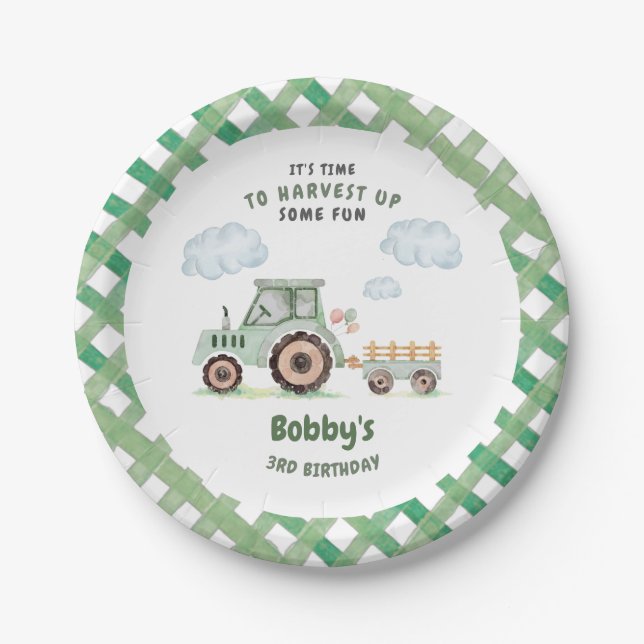 Green Farm Tractor Boys Any Age Birthday Pappteller (Vorderseite)