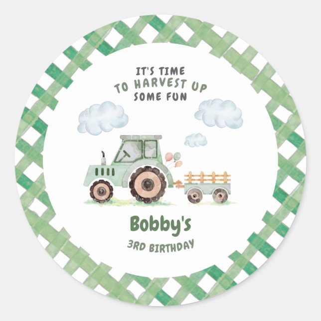 Green Farm Tractor Boys Any Age Birthday Runder Aufkleber (Vorderseite)