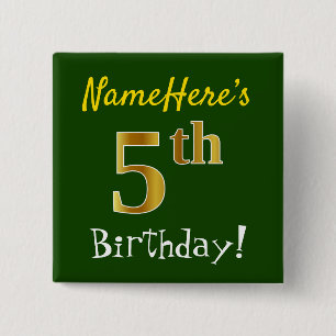 Green, Faux Gold 5th Birthday, With Custom Name Button