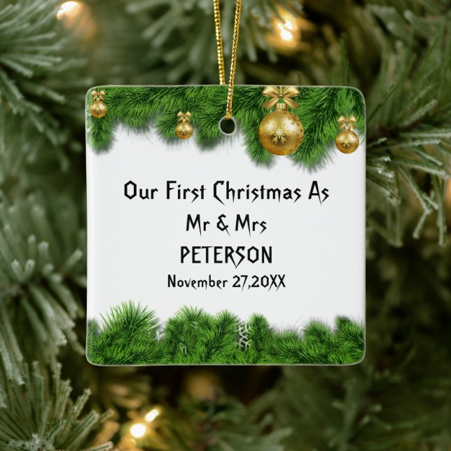 Green Fir Tree Erstes Verheiratetes Foto Keramikornament (Baum)