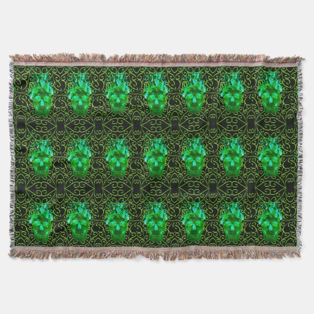 Green Fire Skull Throw Blanket Decke (Vorderseite)