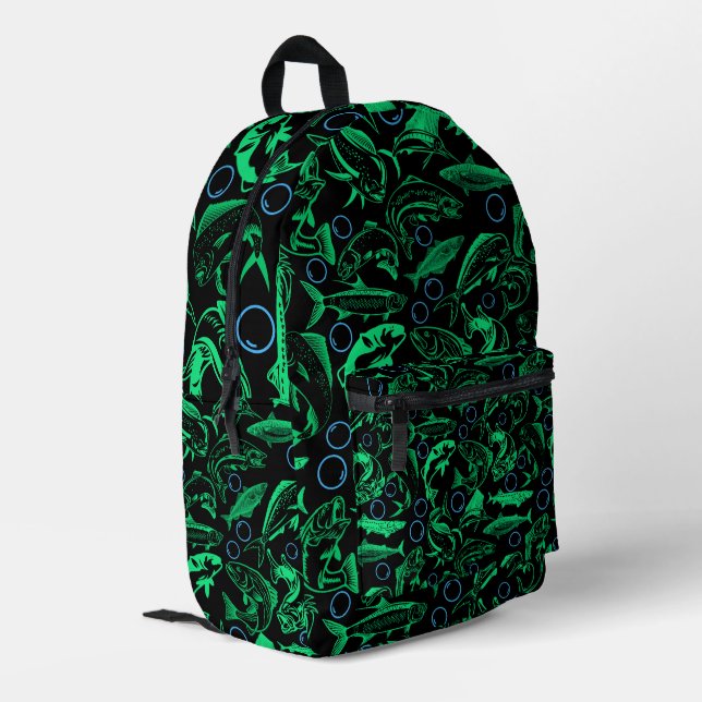 Green Fishing Muster 10.w Black BG Bedruckter Rucksack (Rückseitige Ecke links)
