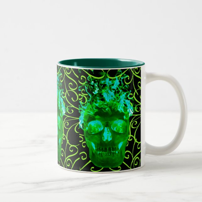 Green Flame Skull-Tasse Zweifarbige Tasse (Rechts)