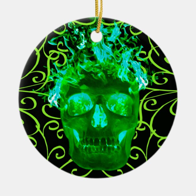 Green Flaming Skull Ornament (Vorne)