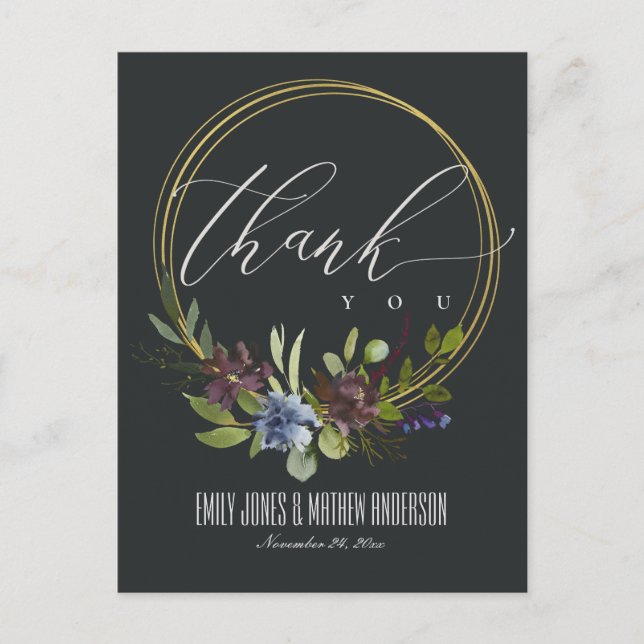 GREEN FLORA FOLIAGE BLACK WREATH WEDH DANKE POSTKARTE (Vorderseite)