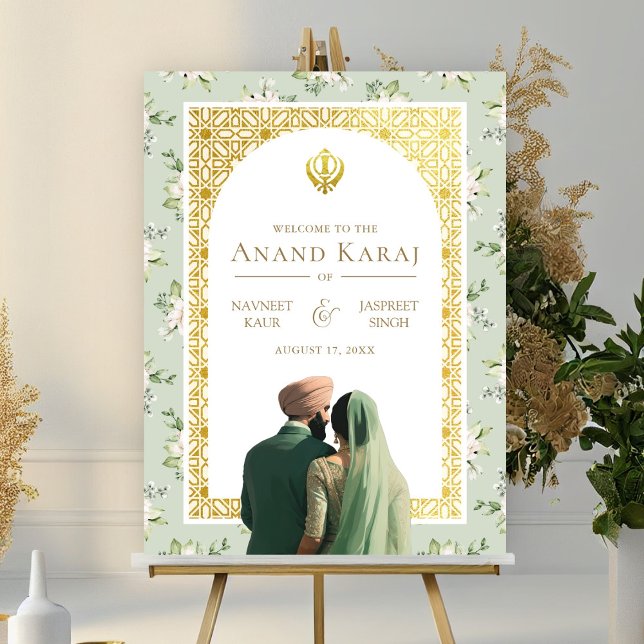 Green Floral Anand Karaj Sikh Wedding Welcome Sign Poster (Von Creator hochgeladen)