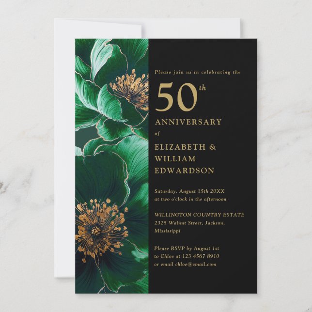 Green Floral Black und Gold Chic 50 Jahre alt Einladung (Vorderseite)