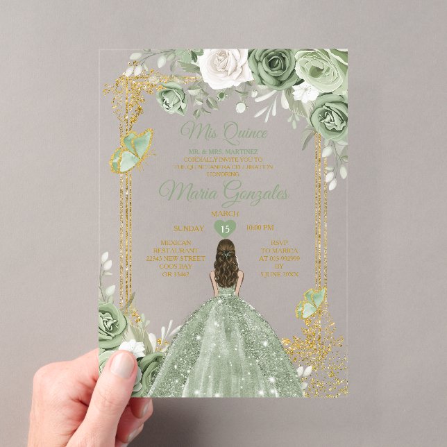 Green Floral Butterfly Gold Frame Mis Quince Acryleinladungen (Insitu (Handheld))