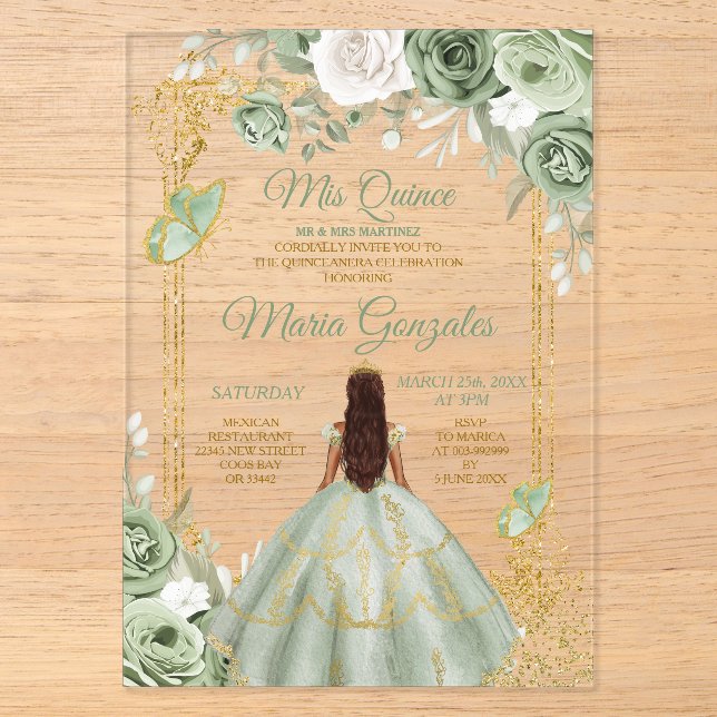 Green Floral Butterfly Gold Frame Mis Quince Acryleinladungen (Vorderseite)