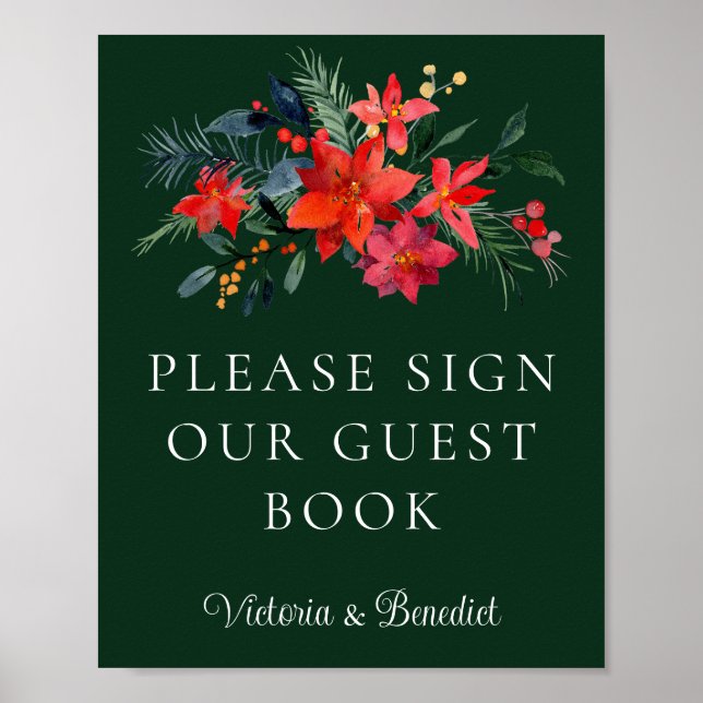 Green Floral Christmas Wedding Guest Book Poster (Vorne)