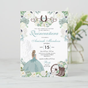 Green Floral Cowgirl Horseshoe Western Quinceañera Einladung