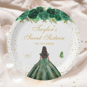 Green Floral Dark Skin Princess 16 . Geburtstag Pappteller