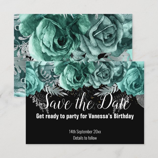 GREEN FLORAL ENREGISTRER LA DATE CARTE RSVP NOIRE (Devant / Derrière)