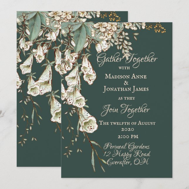 Green Floral Garland Script Elegante Hochzeit Einladung (Vorne/Hinten)