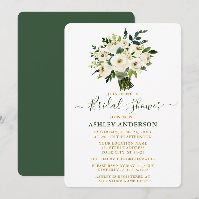 Green Floral Gold Brautparty Einladung (Vorne/Hinten)