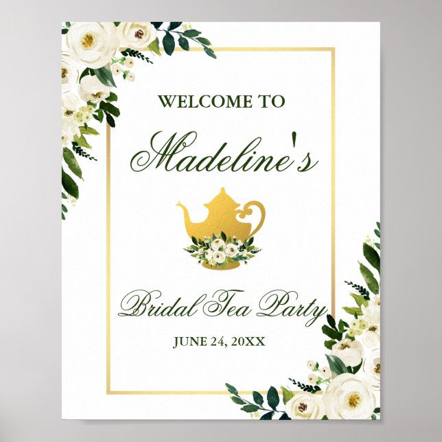 Green Floral Gold Brautparty Tee Party Willkommen Poster (Vorne)