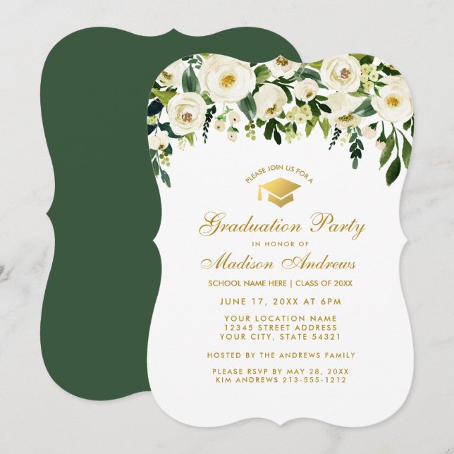 Green Floral Gold Graduation Party Einladung G (Vorne/Hinten)