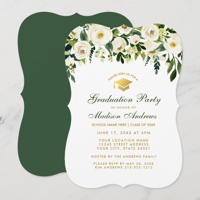 Green Floral Gold Graduation Party Invitation GB (Devant / Derrière)
