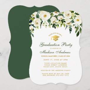 Green Floral Gold Graduation Party Invitation GB