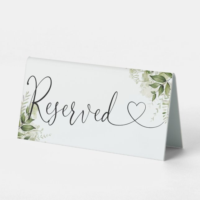 Green Floral Heart Script vorbehalten Tischaufsteller (Vorderseite)