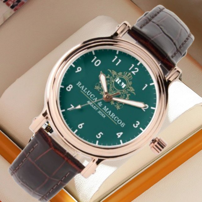  Green Floral Monogram Wedding Personalized Couple Armbanduhr (Von Creator hochgeladen)