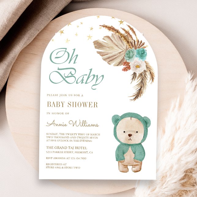 Green Floral Pampas Teddy Bear Arch Baby Dusche Einladung (Von Creator hochgeladen)