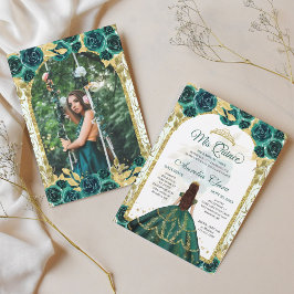 Green Floral Princess Gold Arch Foto Quinceanera Einladung
