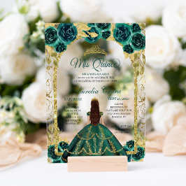 Green Floral Princess Gold Arch Quinceanera Acryleinladungen