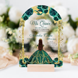 Green Floral Princess Gold Arch Quinceanera Acryleinladungen
