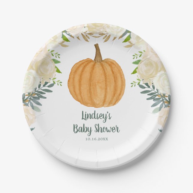 Green Floral Pumpkin Fall Baby Shower Pappteller (Vorderseite)