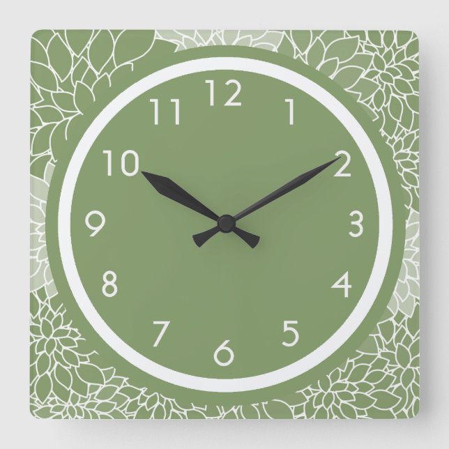 Green Floral Quadratische Wanduhr (Vorderseite)