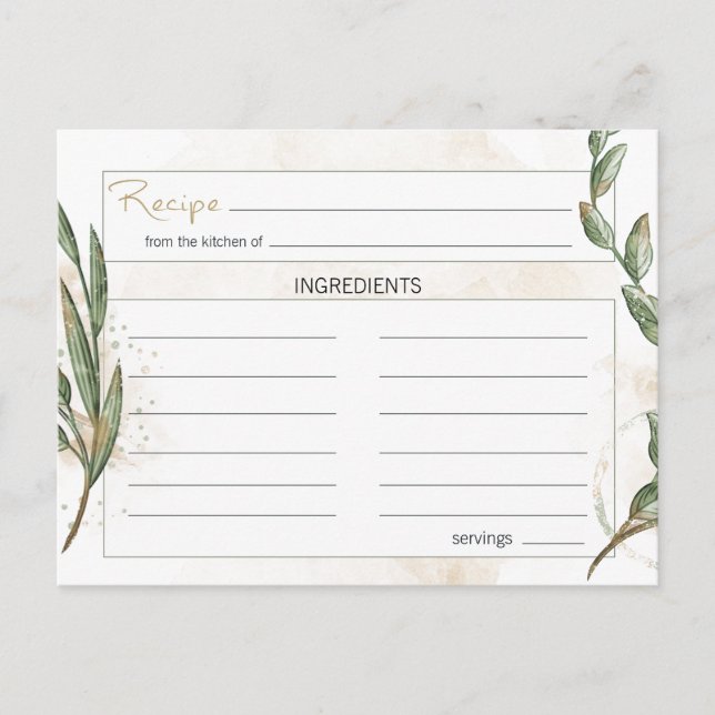 Green Floral Rezept Card Gold Sage Postkarte (Vorderseite)