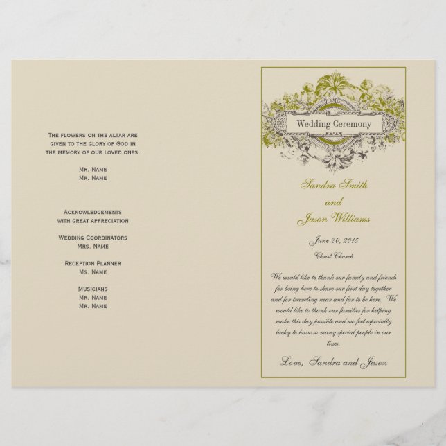 Green Floral Vintage Wedding Programme (Devant)